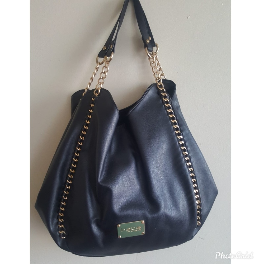 BEBE Colette Triple Entry Black Gold Chain Bag